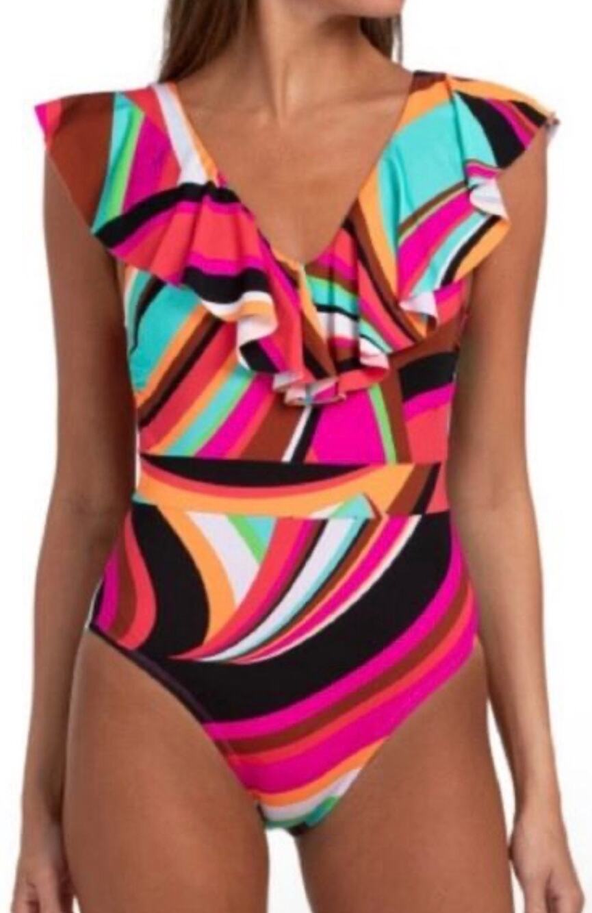 Trina Turk Gemini Ruffle Plunge One Piece Swim Suit 14 NWOT